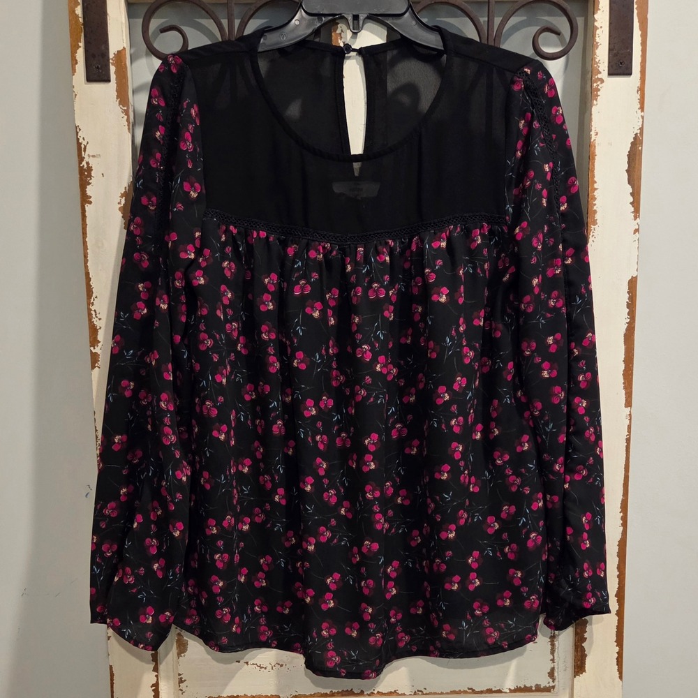 Entro Black Boho Floral Mesh Yoke Long Sleeve Blouse Pink Pansy Print Womens S
